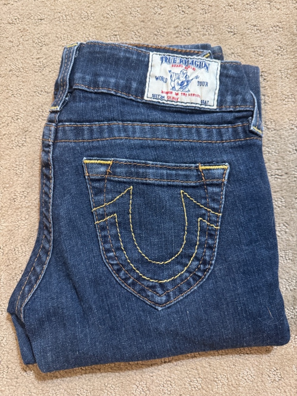 True Religion Women's Indigo Skinny Jeans with Yellow Stitching
